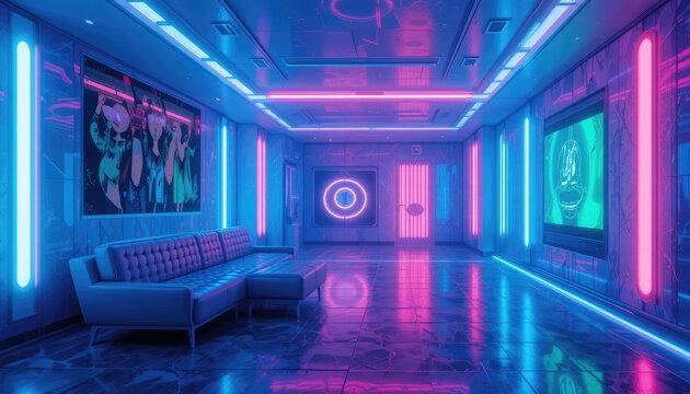 Futuristic neon lit corridor with modern sofa and artwork