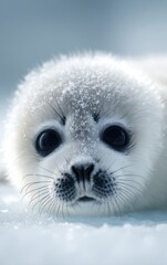 Obraz premium Close-up of a young seal pup covered in snow.
