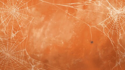 Abstract orange background with spiderwebs and a tiny spider clinging to a thread, concept for halloween backgrounds, spooky designs and themed events