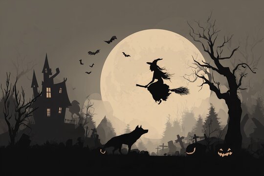 Silhouette witch flies on broom with dog and haunted house under the moon. concept for halloween invitations, themed party decor and spooky event posters