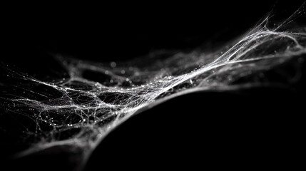 Macro shot of a delicate white spiderweb against a dark background, filled with small droplets. Concept for Halloween decoration, spooky backgrounds, and eerie atmosphere.