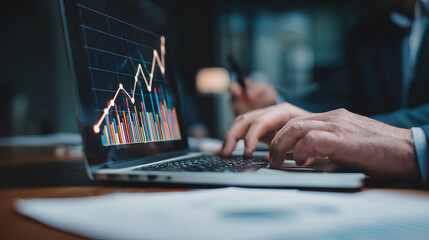 Fototapeta premium Business team using laptop computer analyzing sales data and financial growth graph chart report. Business planning, strategy and development. Financial accounting. market research, data analysis