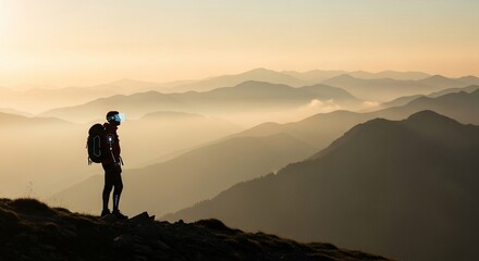 Obraz premium Futuristic Hiker Silhouette with VR Headset Amidst Misty Mountain Range at Sunset