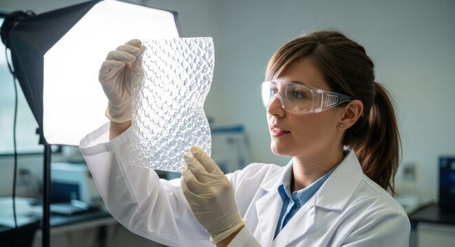 A woman in a lab coat and goggles examines a transparent, bubble-like material under a bright light in a laboratory setting.