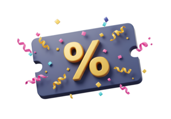 3D Rendered Discount Coupon With Golden Percentage and Confetti