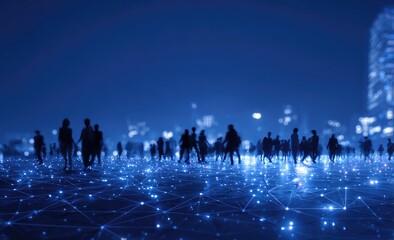 Silhouettes of people walking on a network of lights at night