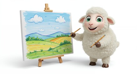 Cartoon sheep painting a landscape scene on an easel illustration