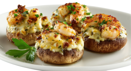 Four stuffed mushrooms, filled with shrimp and cheese, sit on a plate