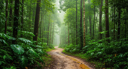 Obraz premium A muddy path winds through a lush dense green rainforest with tall trees