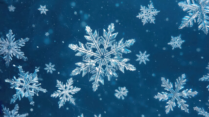 Close-up view of geometric snowflakes gently floating and slowly rotating in a dark blue atmosphere, illuminated by soft glowing lights. The muted colors create a serene, cinematic ambiance