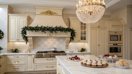 Obraz premium Cream Luxury Kitchen with Gold Garland and Holiday Pastries
