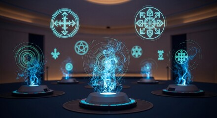 Obraz premium Futuristic Holographic Symbols Display: Glowing Blue Energy and Geometric Patterns