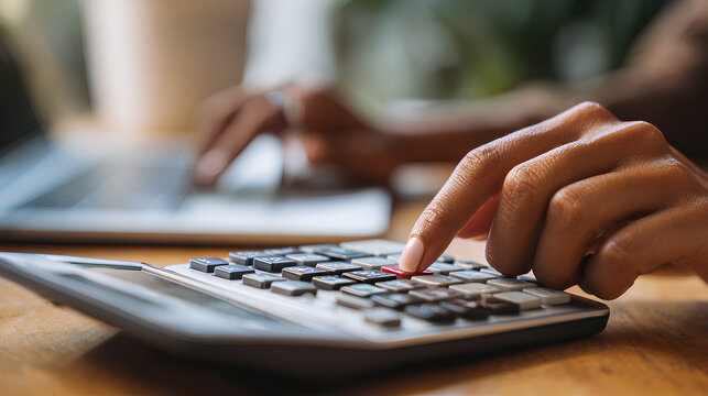 Close up, business woman working at office, using calculator to calculate company finance, accounting with laptop computer on table, budget management. Doing finance, budgeting and tax calculation