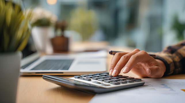 Close up, business woman working at office, using calculator to calculate company finance, accounting with laptop computer on table, budget management. Doing finance, budgeting and tax calculation