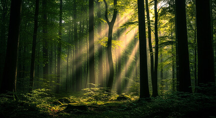 Fototapeta premium Sunbeams piercing through a dense forest canopy creating a mystical atmosphere