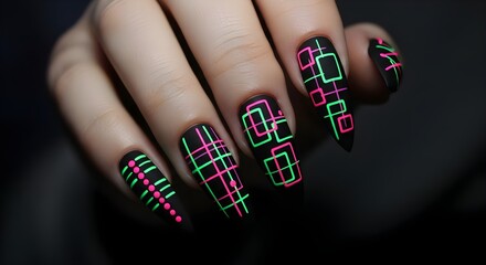 Long Stiletto Nails with Neon Geometric Design on Black Matte Background | Trendy Nail Art for Fashion and Beauty Advertising	