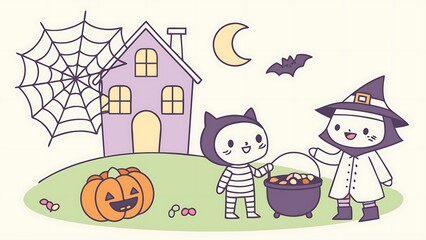 Naklejka premium Cute halloween illustration of kids in costume isolated on white background