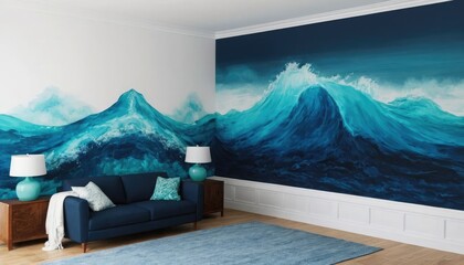 Living Room with Ocean Wave Mural interior home