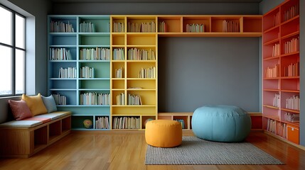 Minimalist children’s learning space with colorful bookshelves, soft rug, cozy cushions and a large blank wall ideal for text placement or classroom posters.