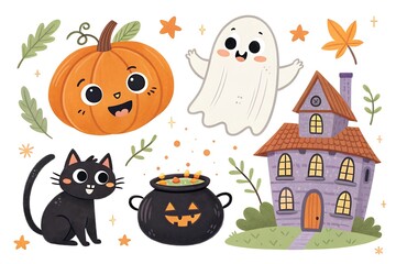 Cute halloween characters and spooky house isolated on white background