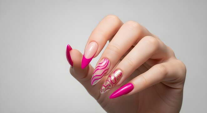 Hand with pink manicure on gray background