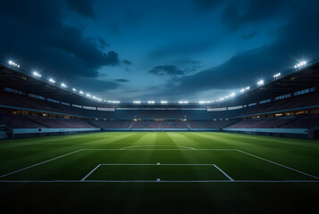 empty sports stadium lit under twilight sky