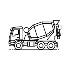 A clean outline illustration of a concrete mixer truck, essential heavy machinery for construction and building projects, depicted on a white background.