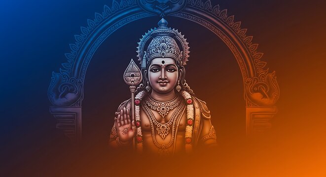Lord Murugan with Vel spear and peacock in detail