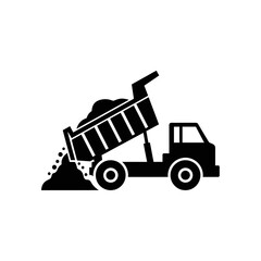 Naklejka premium A black and white vector illustration depicts a dump truck unloading its cargo of gravel, symbolizing construction and transportation in a minimalist style.