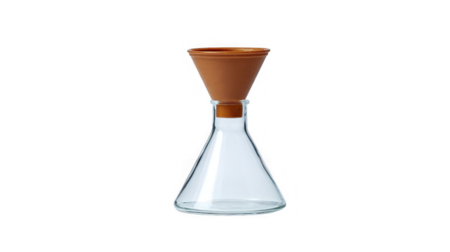 Glass laboratory flask with funnel, science and chemistry equipment on transparent background