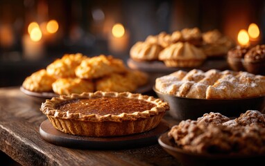 Various pies and pastries displayed on a wooden surface.