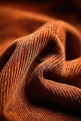 Fototapeta premium Close-up of rich brown corduroy fabric, subtly textured with elegant folds and deep shadows