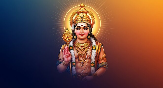 Lord Murugan with Vel spear and peacock in detail