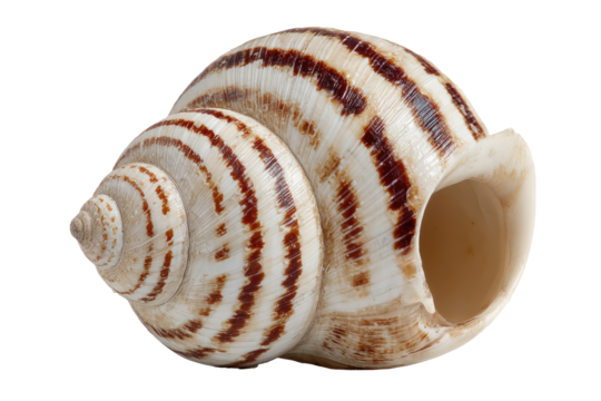 Close-up of a spiral seashell, light beige and brown striped