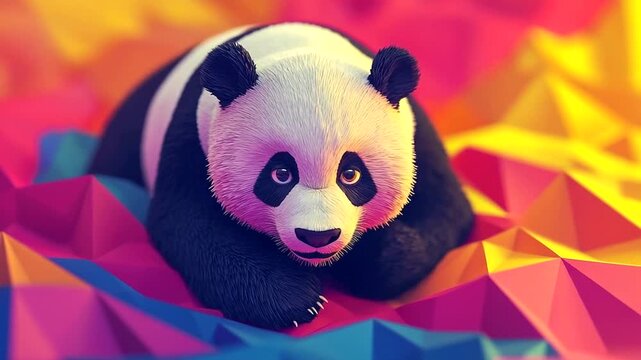 Adorable panda bear illustration on a colorful geometric background creates a playful scene