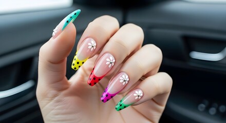Woman's hand with long decorated nails, manicure