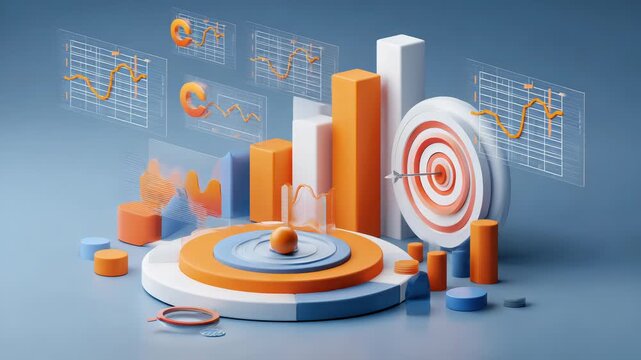 Data analysis concept 3D illustration. Icon composition with statistics on charts and diagrams at site interface. Business strategy development and targeting. Illustration for modern web design 

