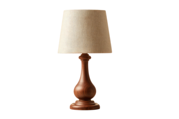 A muted beige fabric lampshade sits atop a dark-brown wooden table lamp with a flared base