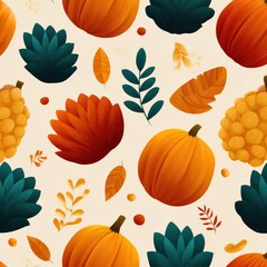 Autumnal design with pumpkins, leaves, and flowers.