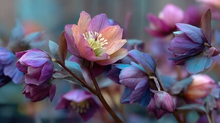 Pastel purple and blue flowers in bloom
