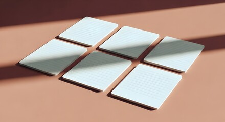 Six blank lined notepad pages arranged on a soft peach background with dramatic shadow overlay