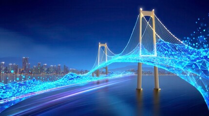 Fototapeta premium Futuristic Bridge Cityscape - Tech Network Connection Concept