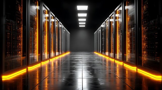 Symmetrical modern server data center interior with glowing LED racks and clean blank wall for text overlay or cybersecurity theme