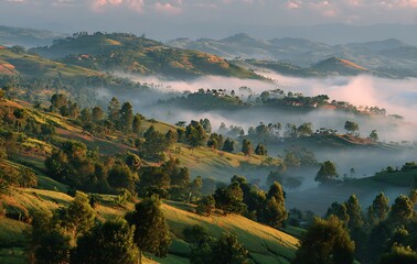 Misty Sunrise Over Rolling Green Hills in Uganda