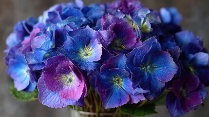 Close-up of vibrant blue and purple hydrangeas in a glass vase