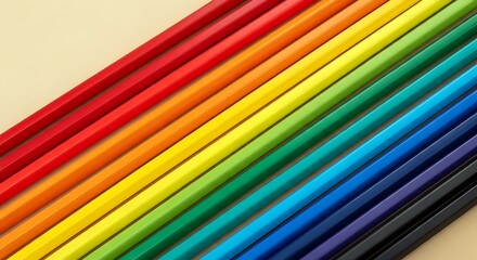 Obraz premium Vibrant rainbow colored pencils arranged diagonally on a plain background, creative art supplies