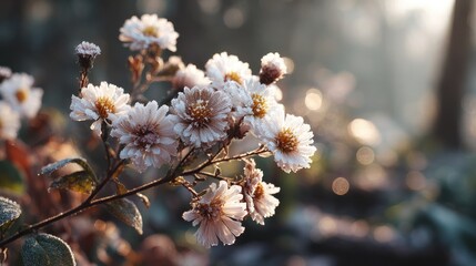 Frost-covered flowers in soft sunlight