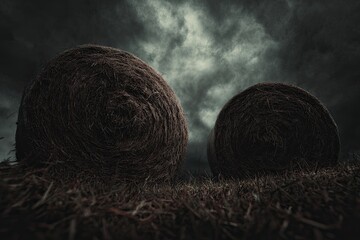 Two large hay bales against a stormy sky