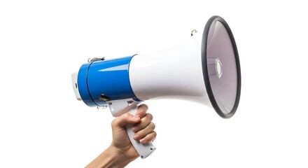 Naklejka premium Hand Holding a Blue and White Megaphone for Annoucements and Public Speaking on White Background Communication Tool