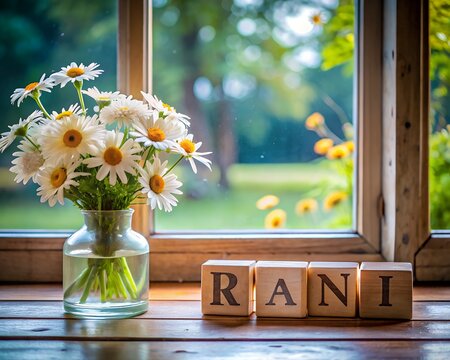 A lovely bunch of white daisies in a clear glass vase rests on a wooden table by a window, with wooden alphabet blocks spelling rani illuminated by gentle sunlight